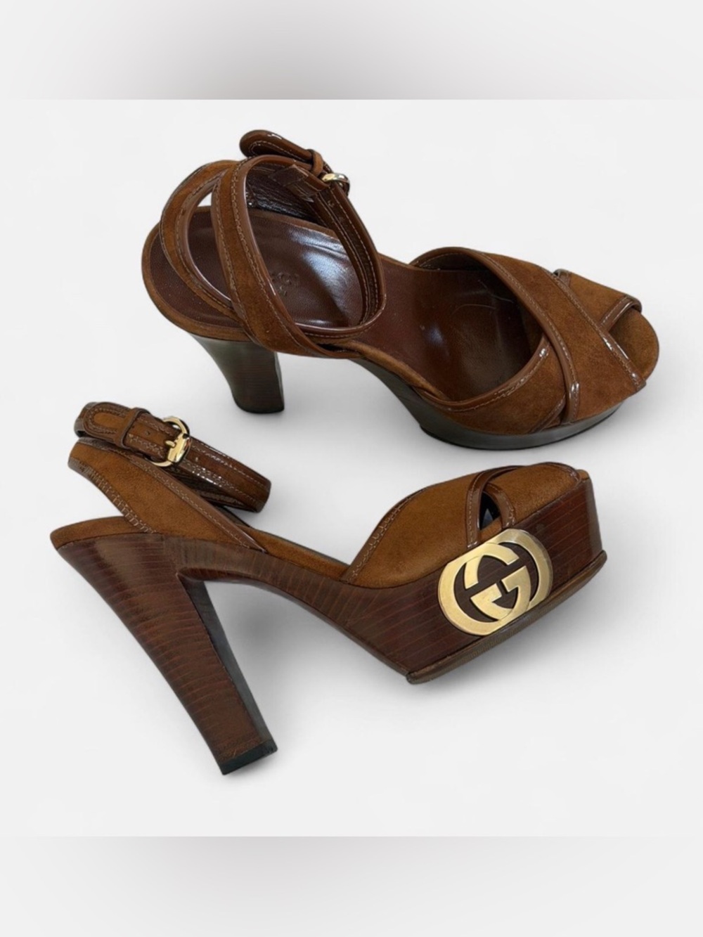 SOLD ❌ Auth Gucci Brown Suede Platform Heels Sandals Gold Double G Emblem
